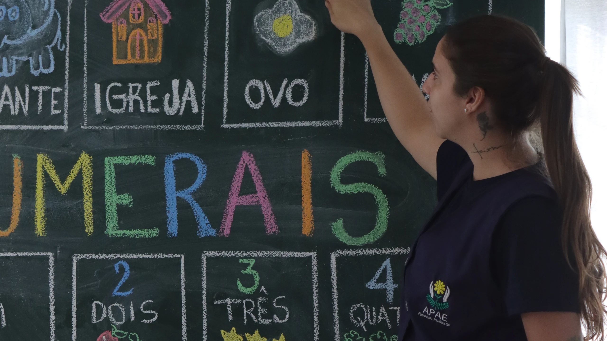 Professora da APAE ensinando números no quadro para uma aluna