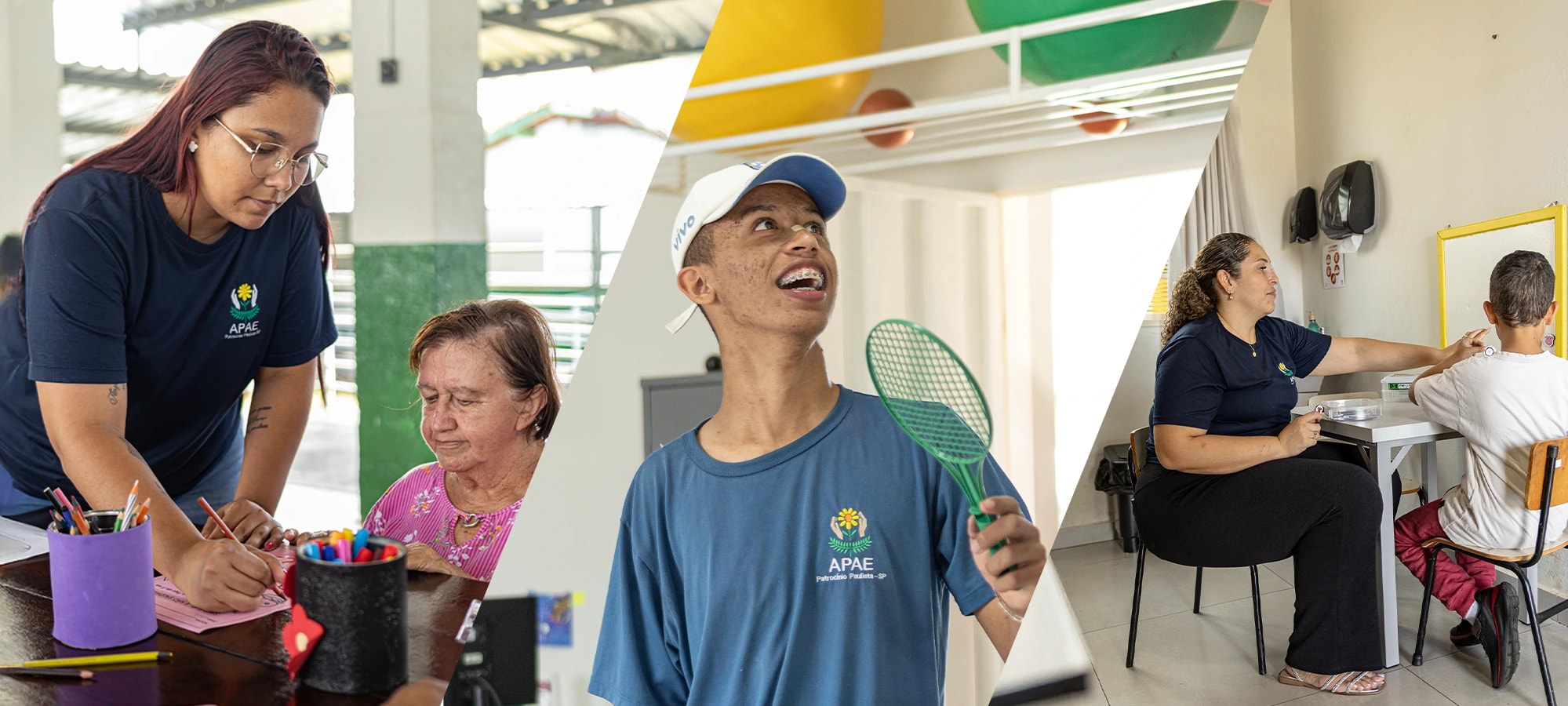 Montagem com três atendimentos da APAE: profissional ajudando uma idosa em atividade de escrita, jovem sorrindo com raquete de plástico e terapeuta em atendimento com uma criança